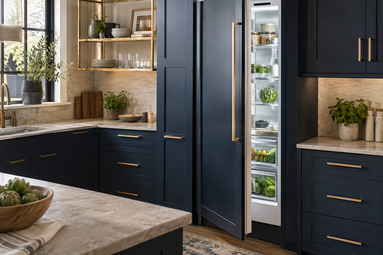 Illustrative Monogram refrigerator in a residential kitchen — AI image for Sub-Zero Repair New Castle