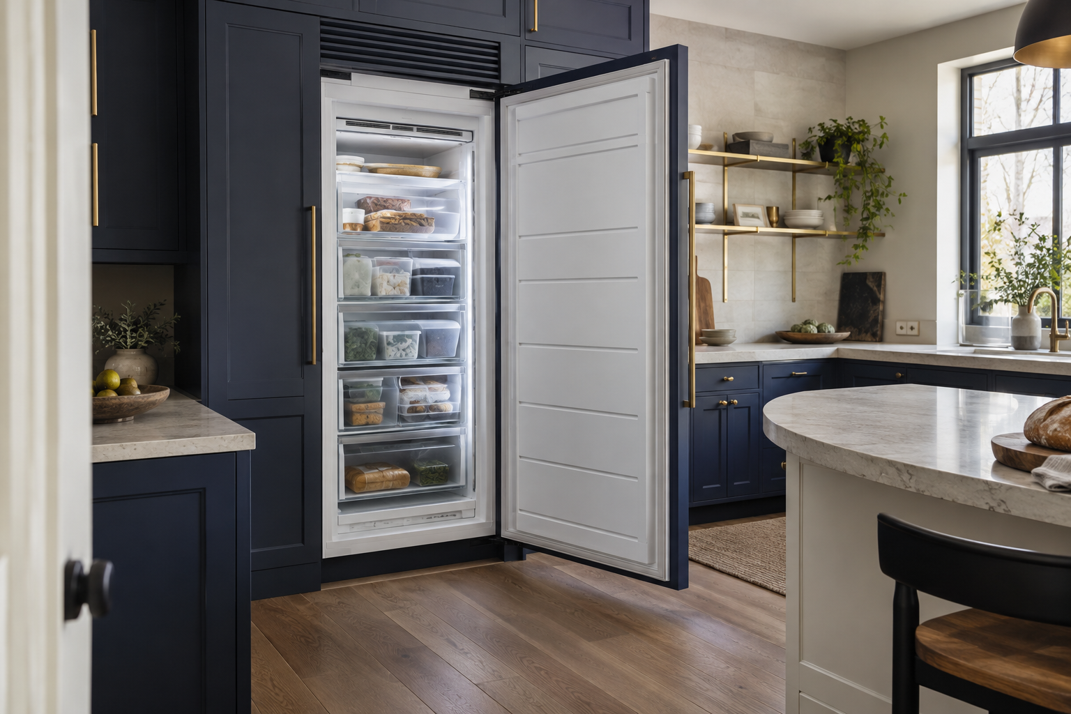 Illustrative Sub-Zero freezer in a residential kitchen — AI image for Sub-Zero Repair New Castle