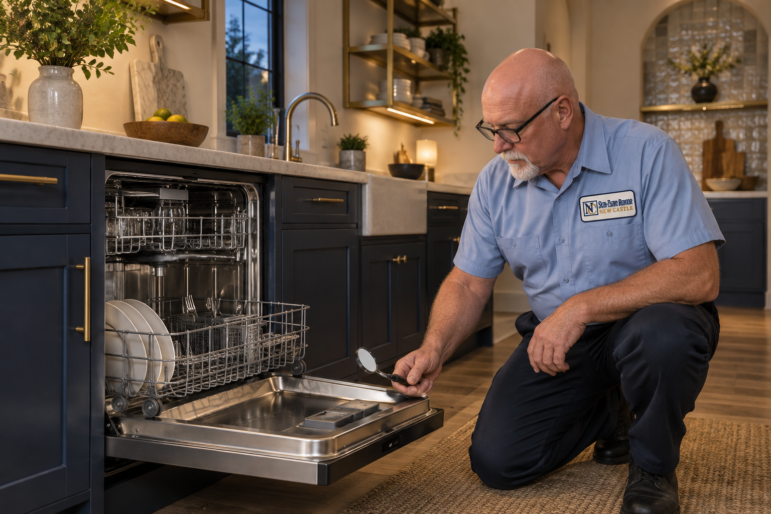 Fictional technician beside a Viking dishwasher — AI illustration for Sub-Zero Repair New Castle