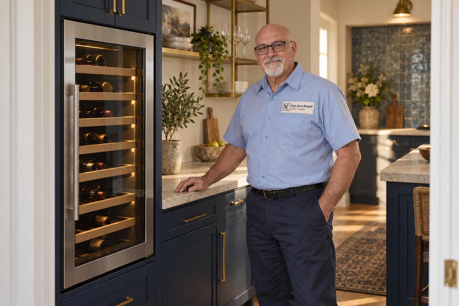 Fictional technician beside a Sub-Zero wine cooler — AI illustration for Sub-Zero Repair New Castle