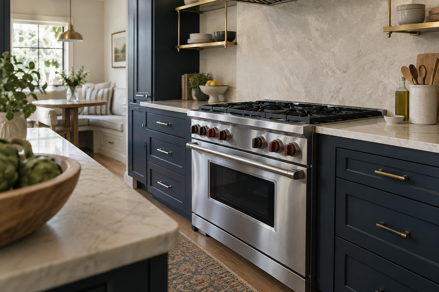 Illustrative Wolf range in a residential kitchen — AI image for Sub-Zero Repair New Castle