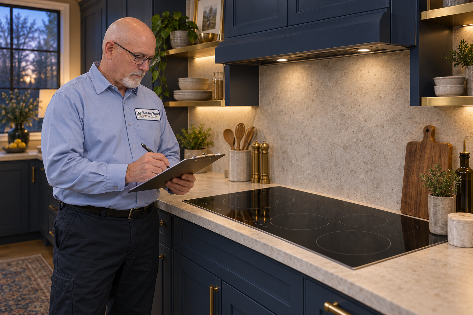 Fictional technician beside a Monogram cooktop — AI illustration for Sub-Zero Repair New Castle