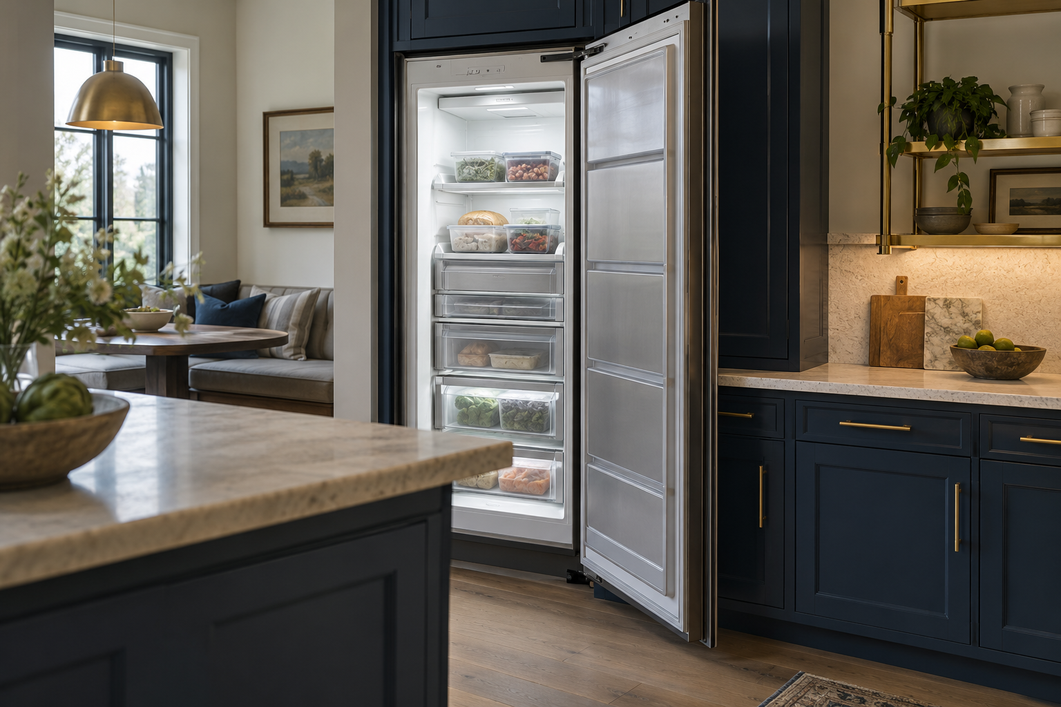 Illustrative Monogram freezer in a residential kitchen — AI image for Sub-Zero Repair New Castle