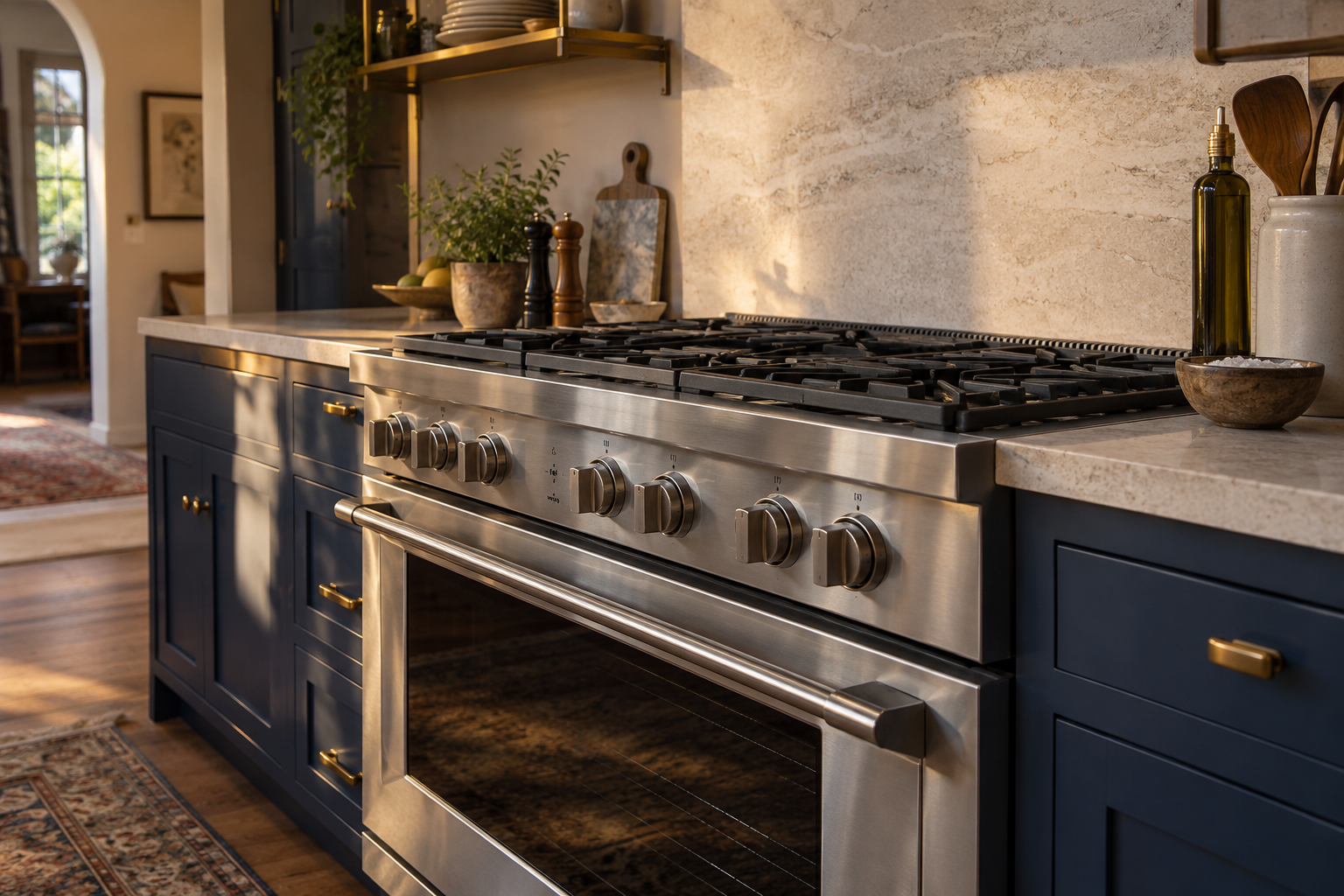 Illustrative Monogram range in a residential kitchen — AI image for Sub-Zero Repair New Castle