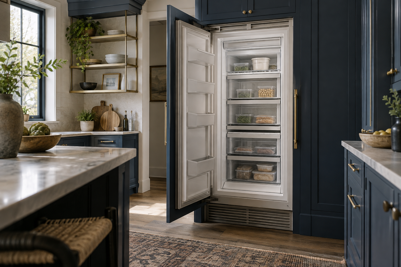 Illustrative Sub-Zero freezer in a residential kitchen — AI image for Sub-Zero Repair New Castle