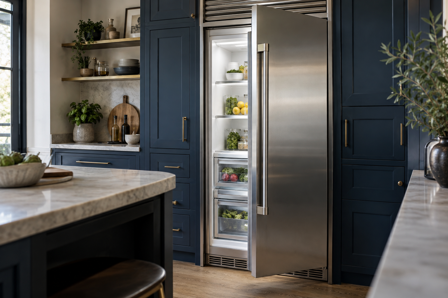 Illustrative Thermador refrigerator in a residential kitchen — AI image for Sub-Zero Repair New Castle