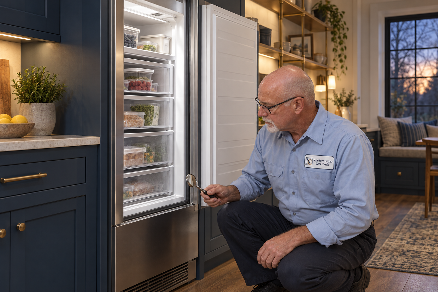 Fictional technician beside a Viking freezer — AI illustration for Sub-Zero Repair New Castle