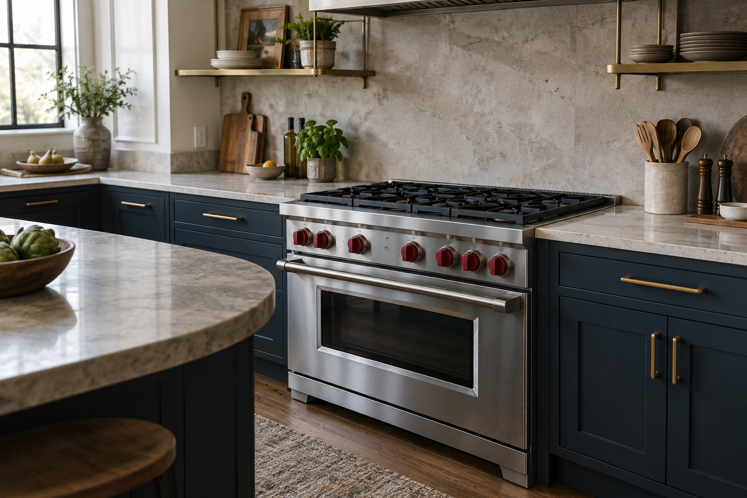 Illustrative Wolf range in a residential kitchen — AI image for Sub-Zero Repair New Castle